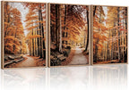 HLNIUC Autumn Forest Framed Canvas Wall Art,Fall Nature Pictures Wall Decor Set of 3(16”x24”) Large Maple Trees Trail Scenery Wall Painting,Modern Fall Landscape Art Print for Living Room,Bedroom