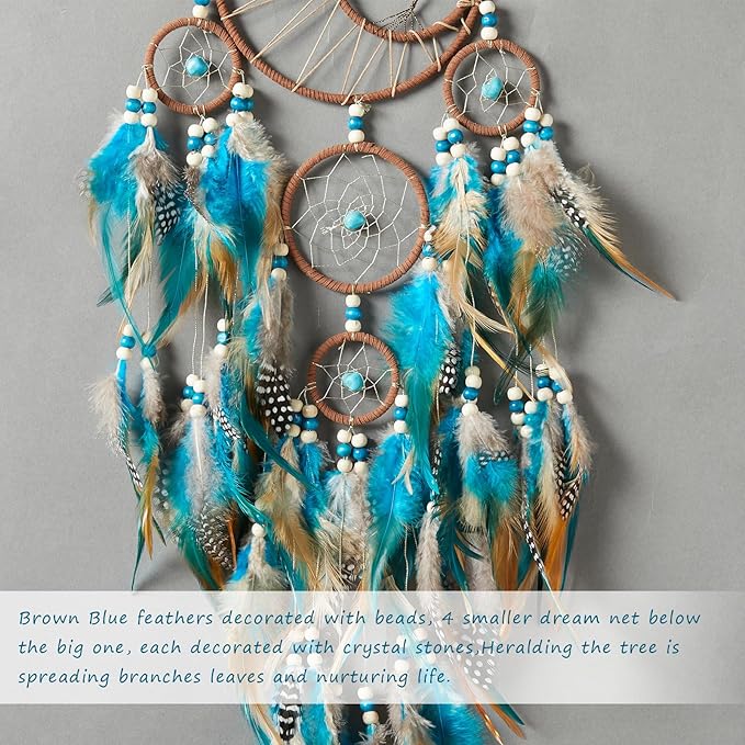 Pretty Jolly Brown Blue Feather Large Dream Catchers Wall Decor with Chakras Tree of Life Crystal Stone Ornament Handmade Dreamcatchers for Adult Boys Girls Bedroom Party Birthday Bless Gift-5Rings