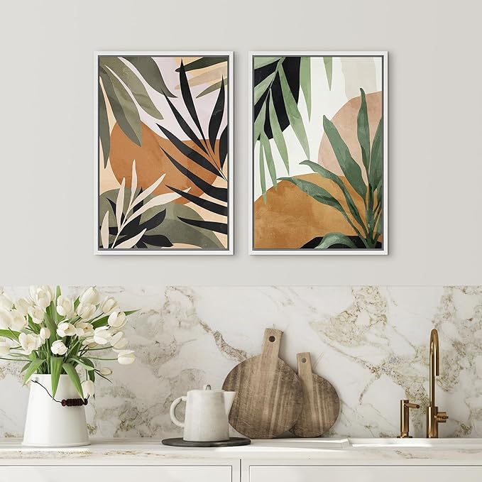 SIGNFORD Framed Canvas Print Wall Art Set Tropical Island Palm Leaf Geometric Collage Abstract Nature Illustrations Modern Art Decorative Minimalist Floral Botanical for Bedroom - 24"x36"x2 White