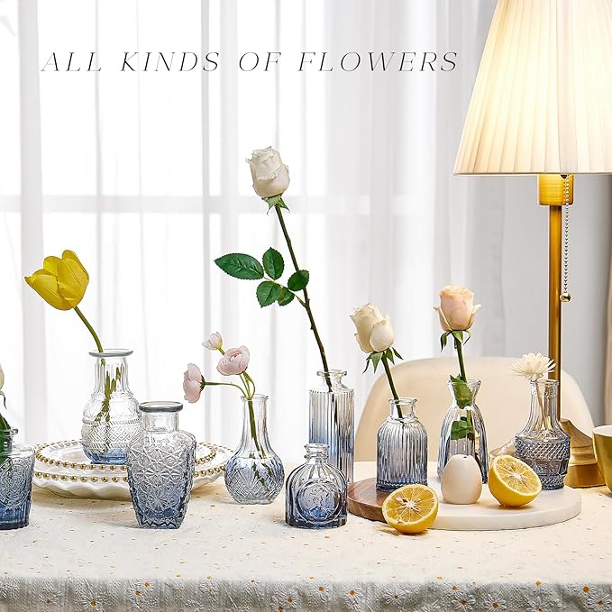 Glass Bud Vase Set of 24, Small Flower Vases, Glass Vases for Centerpieces, Vintage Home Table Decorations Bud Vases (24 Pcs, Blue)