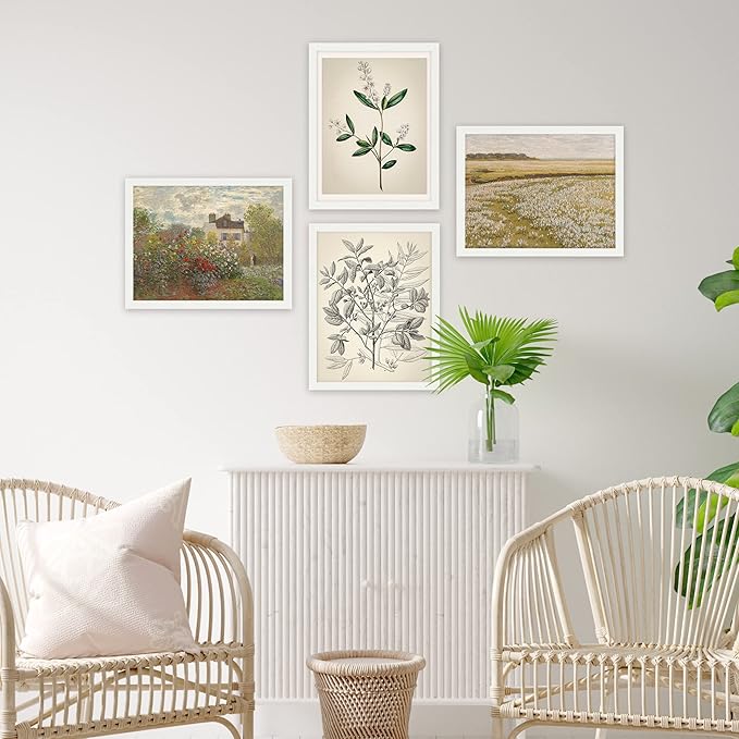 SIGNWIN Framed Poster Bathroom Decor 8"x10"x 4 White, Wall Art Room Decor Multicolor for Living Room, Bedroom, Office Autumn Spring Rustic Flower Landscape Classic Vintage Retro Illustrations