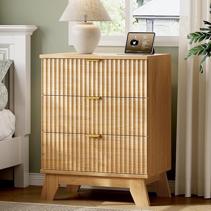 Fluted Nightstand with Charging Station, 24" Wide Bedside Table with 3 Large Storage Drawers, Modern Wood Side Table Night Stand, End Table Small Dresser for Bedroom, Living Room, Dorm, Natural Oak