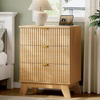 Fluted Nightstand with Charging Station, 24" Wide Bedside Table with 3 Large Storage Drawers, Modern Wood Side Table Night Stand, End Table Small Dresser for Bedroom, Living Room, Dorm, Natural Oak