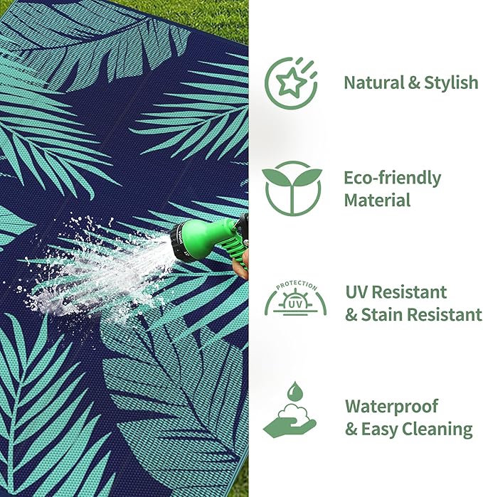 GENIMO Outdoor Rug 6' x 9' Waterproof for Patios Clearance, Reversible Outdoor Plastic Straw Camping Rug Carpet, Large Area Rugs Mats for RV, Camper, Deck, Balcony, Porch, Beach, Navy Blue&Jade Green