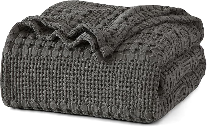 PHF 100% Cotton Waffle Weave Blanket Queen Size, Soft Lightweight Breathable Cozy Summer Blankets for Bed, Luxury Aesthetic Woven Bedding for Home Decor, 90"x90", Charcoal Grey