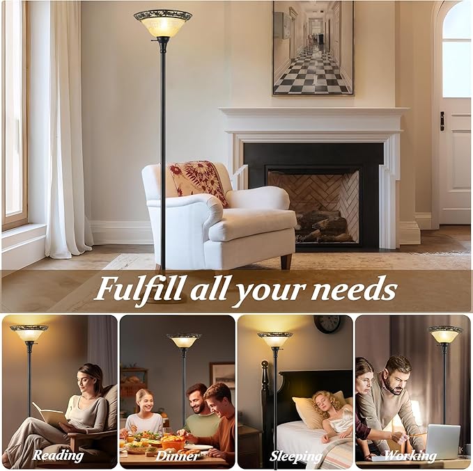 Luvkczc Torchiere Floor Lamp for Living Room - 70" Victorian Standing Lamp with Etched Glass Shade, Corner Floor Lamps for Bedroom/Office