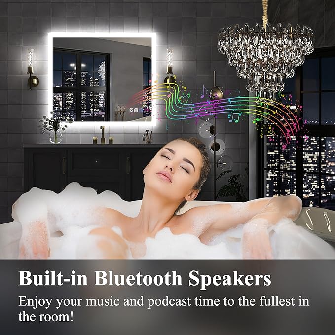 SBAGNO LED Bathroom Mirror with Lights, 32''x28'' 3D Border Bathroom Vanity Wall Mirror with Bluetooth, Anti-Fog, Stepless Dimming, 3 Colors, Tempered Glass Lighted Vanity Mirror for Bathroom