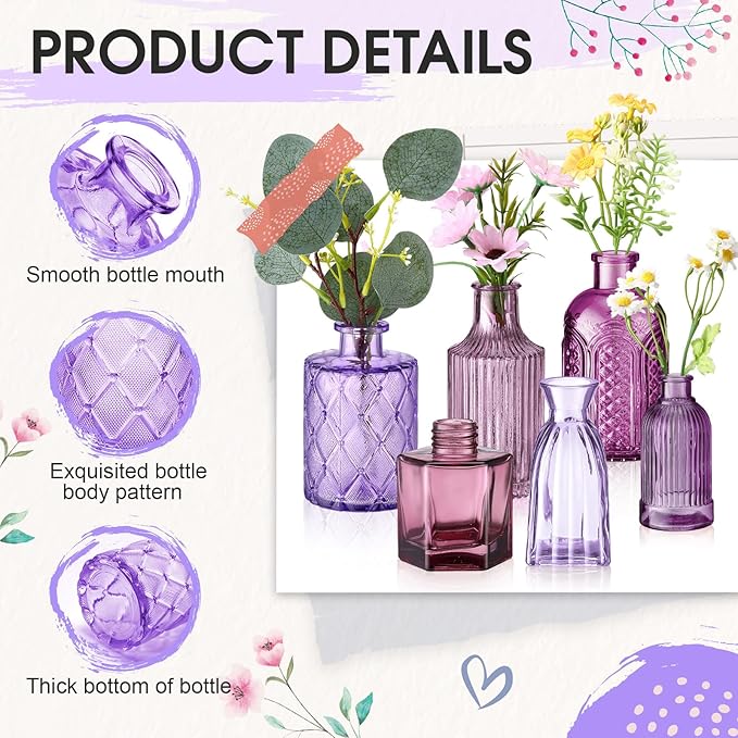 Yaomiao 30 Pcs Vases Bulk Colored Flower Glass Vases Bud Vintage Colored Glass Bottles Colorful Rustic Embossed for Home Wedding Table Decorations Gifts(Purple Series)