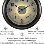 CLXEAST Illuminated Indoor Outdoor Clocks Waterproof 18 inch with Smart Night Light Sensor,Large Wall Clock with Thermometer & Hygrometer,Oil Rubbed Bronze Black,House Warming Gifts New Home