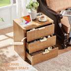 LEYAOYAO Fluted Nightstand Set of 2 with Charging Station,23" Modern Nightstand with Woodgrain Top, 3 Drawer End Table w/Storage, BedsideTables for Bedroom, Living Room, Curved Profile,Brown