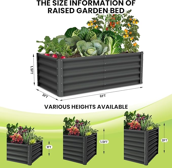 Galvanized Raised Garden Bed Outdoor, 2 Pcs 6x3x1.5FT Outdoor Large Planter Raised Beds Open Base with Safety Edge and Glove for Vegetables Flowers Ground Planter, Dark Grey