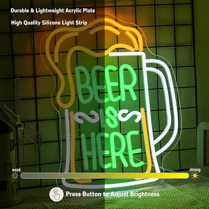 Beer Is Here Neon Sign for Wall Decor Bar Neon Light Beer Led Neon Signs Colorful Led Neon Lights for Bar Kitchen Shop Man Cave Decoration