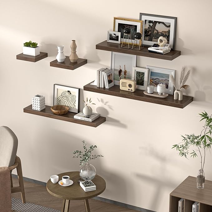 Floating Shelves for Wall, 24" W x 6.7" D x 1.5" H, Wooden Wall Mounted Display Shelves with Invisible Brackets for Living Room, Bedroom, Bathroom, Kitchen Decor and Storage, Set of 2, Walnut