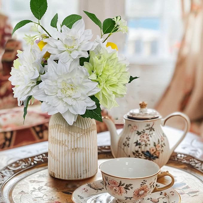 Fake Flower with Vase,White Silk Dahlia Artificial Flowers in Vintage Ceramics Vase for Home Bathroom Office Desk Party Centerpiece Coffee Table Decor