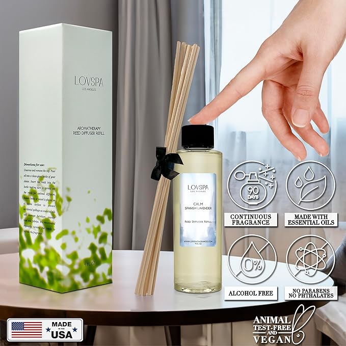 LOVSPA Calm Spanish Lavender Diffuser Oil - Luxury Essential Oils for Diffuser Refill & Air Freshener Room Spray - Long-Lasting & Natural Home Fragrance, Scented Oil for Diffusers, USA Made, 4oz