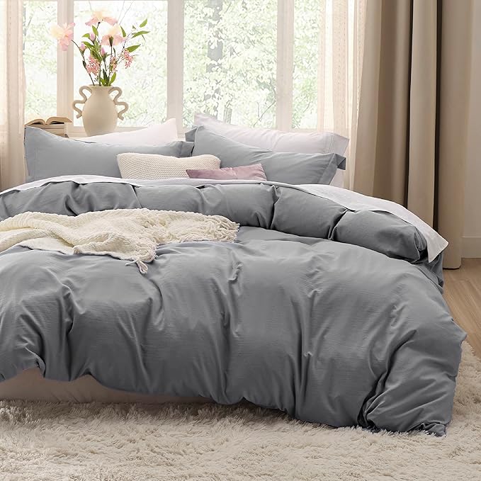 Bedsure Grey Duvet Cover Full Size - 3 Pieces Prewashed Extra Soft Cotton-Like Bedding Set, Includes 1 Duvet Cover 80x90 Inches with Zipper Closure & 2 Pillow Shams, Comforter Not Included