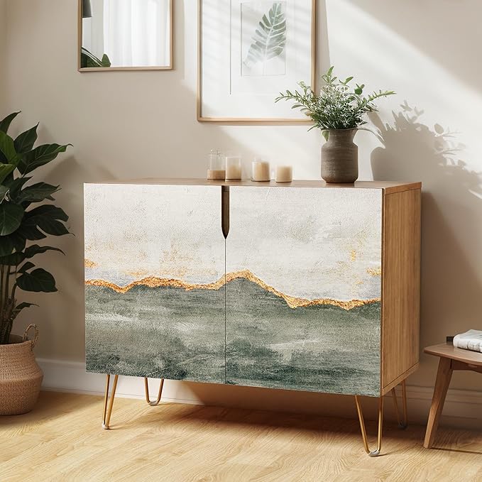 SIGNWIN Sideboard Buffet Cabinet, Kitchen Storage Cabinet with 2 Doors, Gold Gray Color Block Collage, Cupboard Console Table for Dining Room - 35" L x 18" W x 29" H