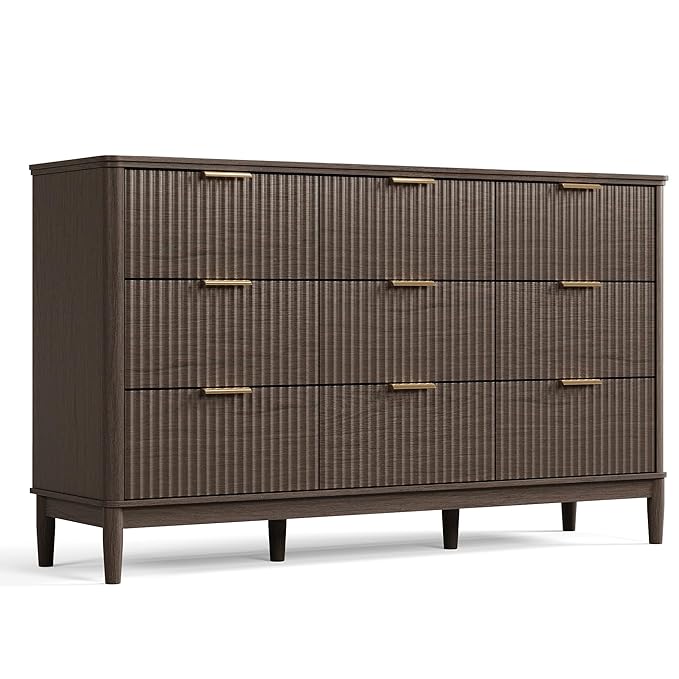 LINSY HOME Fluted Dresser for Bedroom with 9 Drawers, 58" Wide Mid Century Modern Dresser, Tall Boho Chest of Drawers, Large Wood Accent Storage Cabinet for Living Room, Curved Profile Design, Walnut