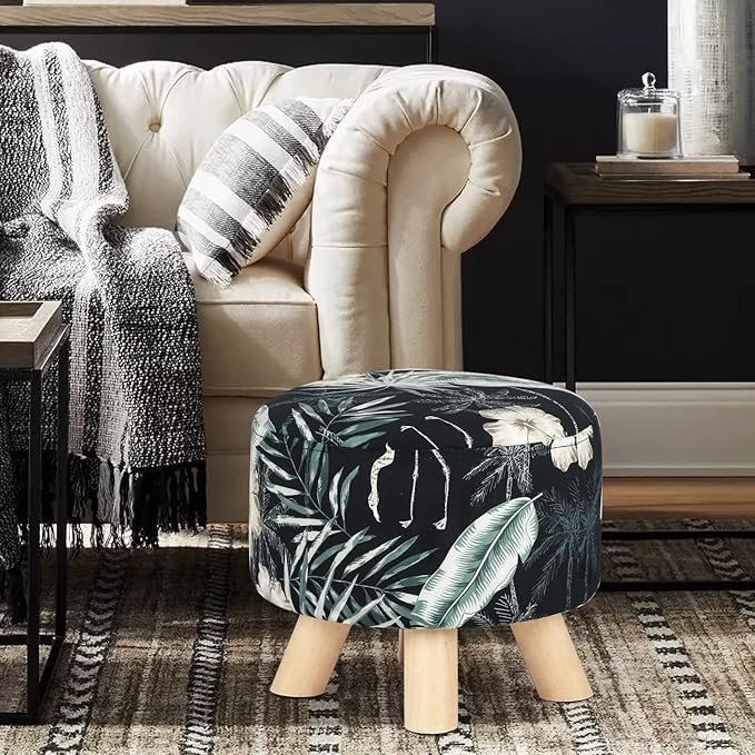 Asense Round Small Footrest Ottoman Velvet Fabric Padded Footstools with Anti-Slip Wooden Legs, Patterns Black