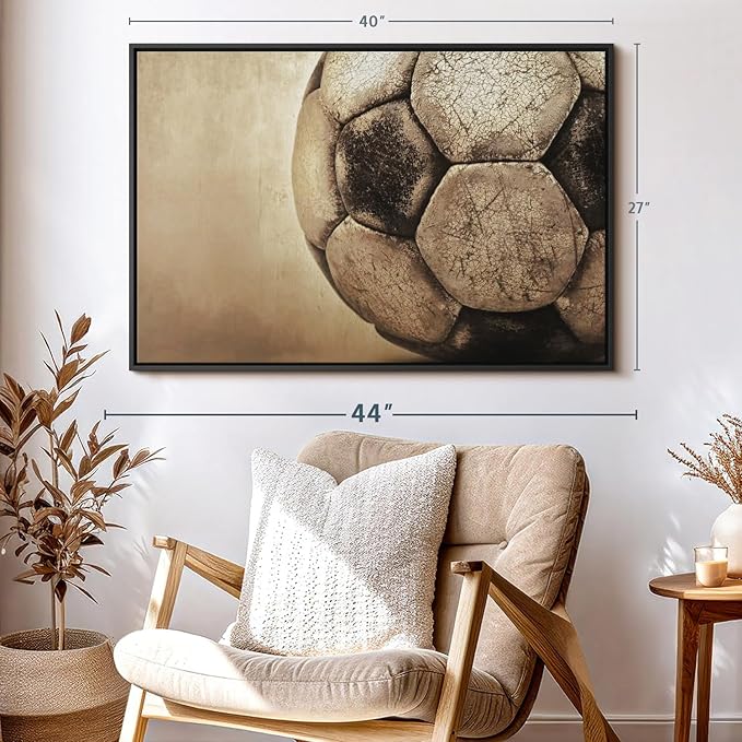 Elephant Stock Worn Soccer Ball Wall Art - Horizontal Framed Canvas - 1-Piece Living Room Wall Decor - Photography sports Canvas Print - Brown and Gray Decor for Wall - 40" X 27"