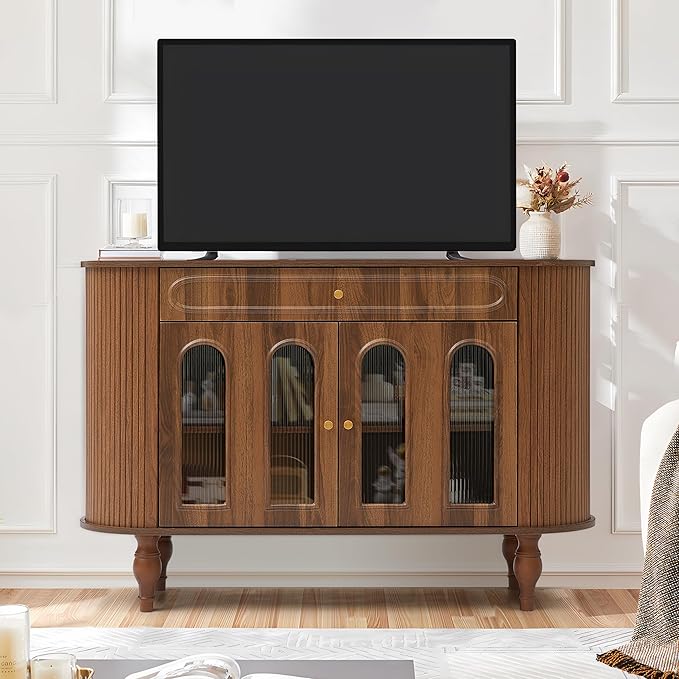 47'' Fluted Sideboard Buffer Cabinet with Drawer, Modern Credenza Storage Cabinet, Bar Cabinet Console Table with Tambour Sliding Side for Living Dining Room Kitchen Hallway Entryway, Walnut