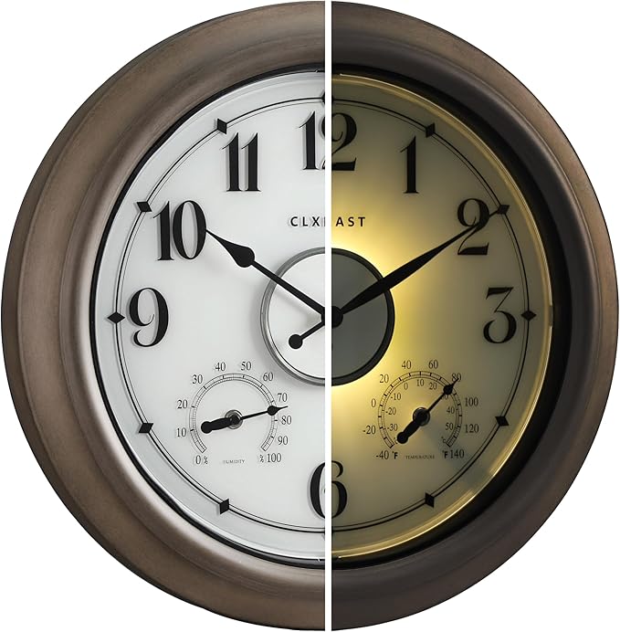 CLXEAST Illuminated Outdoor Clocks Waterproof 18 Inch with Smart Sensor,Large Outdoor Pool Clock with Temperature & Hygrometer,Grey Oak/Faux Barnwood,House Warming Gifts New Home
