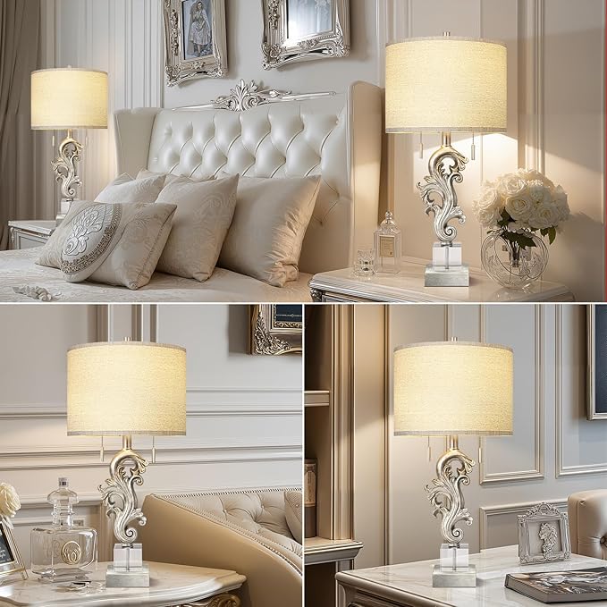 Scenekoy Vintage Table Lamp Set of 2 for Bedroom Living Room, 26.75” Silver Leaf Sculptural Night Stand Bedside Lamps with USB Ports, Rustic Nightstand Lamp Line Shade for Home Decor (Bulbs Included)