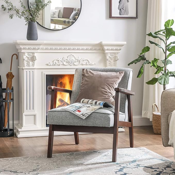 SONGMICS Accent Leisure Chair, Mid-Century Modern Arm Chair with Solid Wood Armrests and Legs, 1-Seat Cushioned Sofa for Living Room Bedroom Balcony Studio, Light Gray ULAC001G01