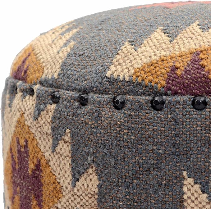 Handmade Kilim Jute Pouf Ottomans Wooden Seating Stool for Living Room, Bedroom (16" D x 16" W x 16" H) (Grey)