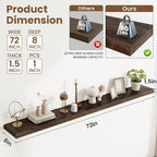 Floating Shelves, 8" Deep Rustic Solid Elm Wood Wall Mounted Floating Shelves, Wall Shelves with Invisible Bracket for Living Room Bathroom Bedroom Kitchen, 72 Inch, Walnut