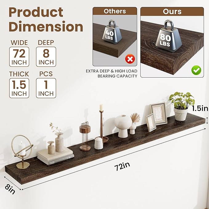 Floating Shelves, 8" Deep Rustic Solid Elm Wood Wall Mounted Floating Shelves, Wall Shelves with Invisible Bracket for Living Room Bathroom Bedroom Kitchen, 72 Inch, Walnut