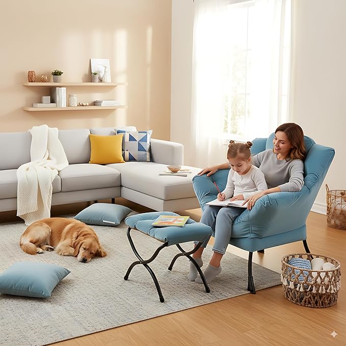 Cozy Lazy Chair and Ottoman, Large Contemporary Accent Lounge Chair Set, Leisure Upholstered Reading Armchair for Bedroom, Living Room, Dorm Rooms, Office