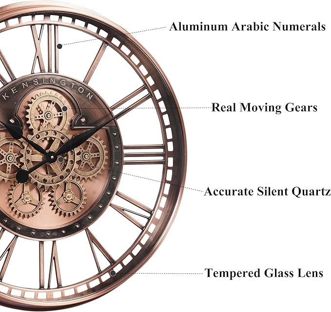 CLXEAST 28 Inch Oversized Large Moving Gears Wall Clock,Industrial Vintage Rose Gold Silent Wall Clock for Modern Farmhouse Living Room Home Decor,Copper Finish