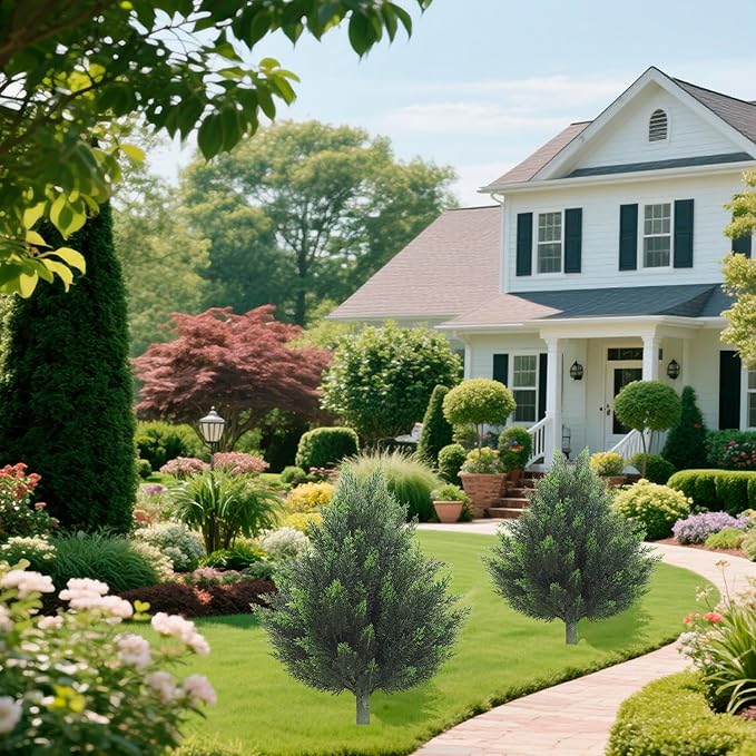 R's Ceder Artificial Topiary Cedar Tree 32 inch Faux Little Bush Cedar Tree UV Resistant Shrub Potted Artificial Plant for Outdoor Indoor Front Porch Garden (2 Pack)