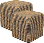 REDEARTH · Cube Pouf Foot Stool Ottoman - Jute Braided Pouffe Poof Accent Sitting Footrest for The Living Room, Bedroom, Nursery, Lounge 50% Jute 50% Cotton Set of 2 (14.5”x14.5”x16”; Natural Black)