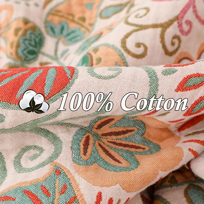 Snycler Cotton Bed Throw with Tassels, Double-Sided Bohemian Spring Flowers Plants Throws for Sofas, 60x80 inch Woven Warm Blanket for Single Sofa, Bedspread and Settee Couch Travel Green