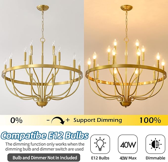 Gold Chandelier 15-Light Candle Chandelier Modern Farmhouse Pendant Lighting Fixture for Dining Room Bedroom Living Room Kitchen Island Foyer Entryway E12 Bulb Vintage Golden Ceiling Light