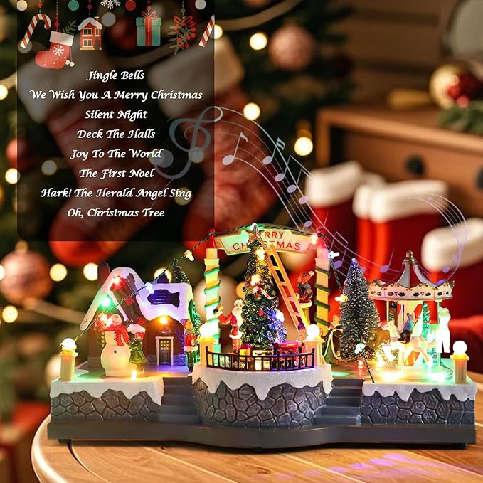 Vigdur Christmas Village Houses - Lighted Xmas Carousel & Rotating Train and 8 Xmas Songs, Christmas Animation Village Indoor Holiday Tabletop Decorations for Home Tabletop Gift