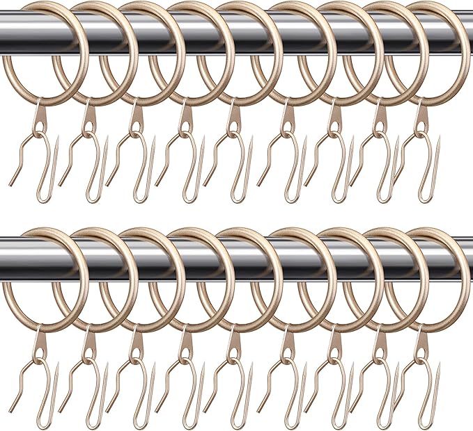 Hotop 30 Pcs Metal Drapery Curtain Rings 0.98/1.26/1.65 inch Interior Diameter and 30 Pcs Hanging Curtain Drapery Pin Hooks for Window Door Shower(42mm,Champagne Gold)