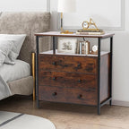 3 Wooden Drawers Night Stand, 27 Inch Wide Nightstand with Charging Station and Adjustable Drawers, Small Dresser for Closet, Bedside Table for Living Room/Bedroom/Office, Retro Brown.