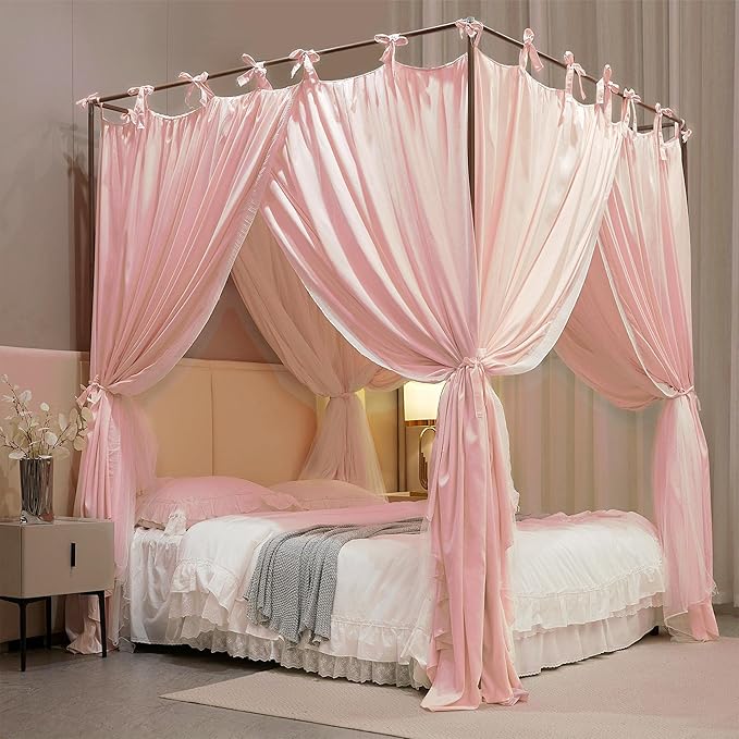 4 Corners Post Princess Curtain Bed Canopy Double Layer Cozy Mosquito Net Mesh and Cloth for Girls Adults Bedroom Decoration (Double-Beigepink/White, 59" W*82" L*82"*H/(Queen))