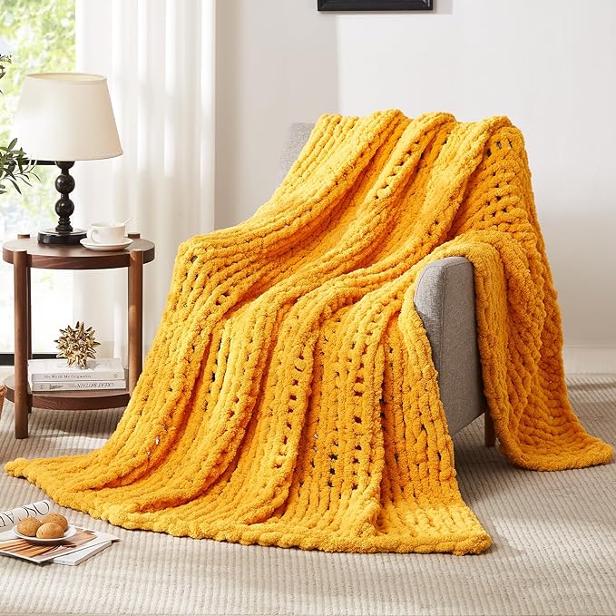 L'AGRATY Chunky Knit Blanket Throw - Soft Chunky Throw Blanket 30x40: 100% Hand Kintted Chenile Crochet Throw Blanket for Couch - Large Cable Knit Chunky Blanket for Home Decor(Mustard Yellow)