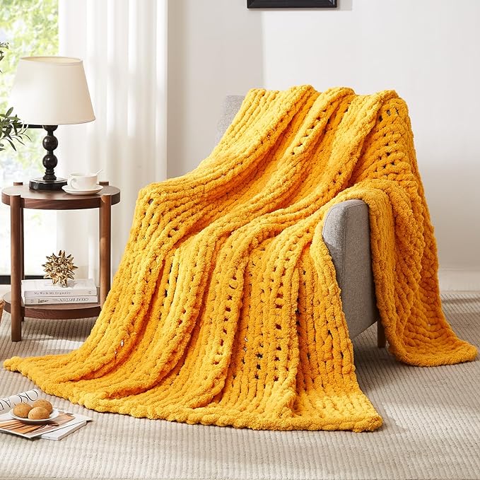 L'AGRATY Chunky Knit Blanket Throw - Soft Throw Blanket 50x60: 100% Hand Knitted Chenile Crochet Throw for Home Decor - Mustard Yellow