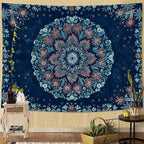 Fowocu Boho Floral Mandala Tapestry Wall Hanging Blue Bohemian Flower Medallion Tapestry Aesthetic Vintage Navy Hippie Indian Small Tapestries for Bedroom Living Room Dorm Decor 60 x 44 Inch
