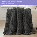 Bigacogo Chunky Knit Throw Blanket for Couch, 51x63 inches, 100% Hand Knitted with Thick Jumbo Chenille Yarn, Cozy Soft Large Rope Knot Cable Crochet Blankets for Sofa Bed Living Room, Dark Grey