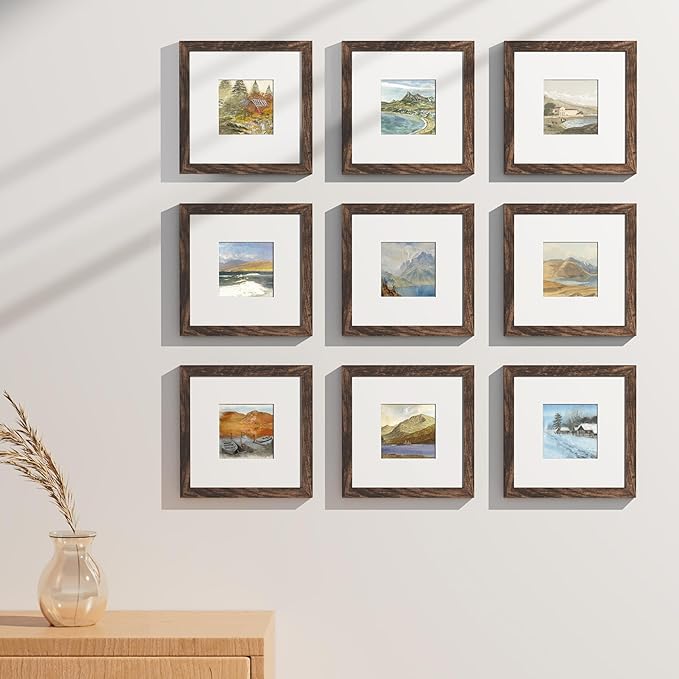 Vittanly 8x8 Picture Frames Set of 9, Shatter Resistant Plexiglass, Display 4x4 Pictures with Mat or 8x8 without Mat, Photo Frames for Wall Mount, Engineered Wood, Brown