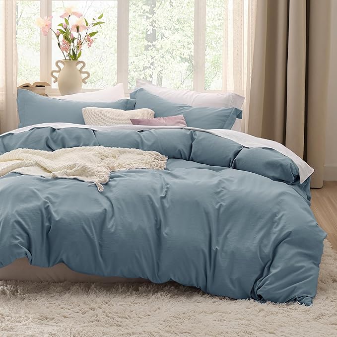 Bedsure Grayish Blue Duvet Covers Queen Size - Washed Duvet Cover, Soft Queen Duvet Cover Set 3 Pieces with Zipper Closure, 1 Duvet Cover 90x90 inches and 2 Pillow Shams