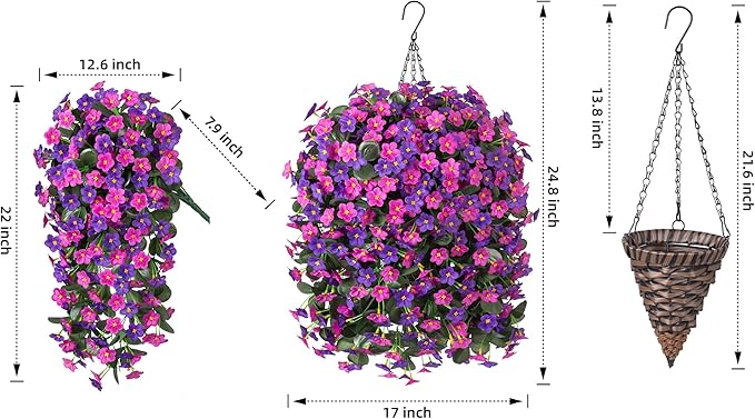 Artificial Fake Hanging Flowers with Basket for Outdoor Decoration,UV Resistant Faux Silk Dark Purple and Fuchsia Orchid Flowers Vines in Planter Realistic Hanging Baskets for Home Porch Garden