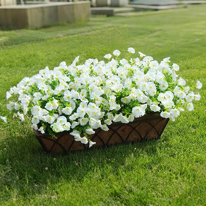 Artificial Fake Flowers For Outdoor Outside Decoration,16 Bundles UV Resistant Faux Plastic White Flowers with Green Eucalyptus Stem Plants Bulk Look Real for Home Porch yard Patio Planters (White)