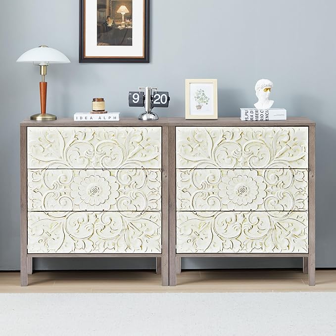3 Drawer Dresser, Vintage French Chest of Drawers with Storage, Farmhouse Distressed Boho Nightstands Set of 2, Small Wide Dresser for Bedroom Hallway Living Room Entryway (2, Rustic Brown Gray)